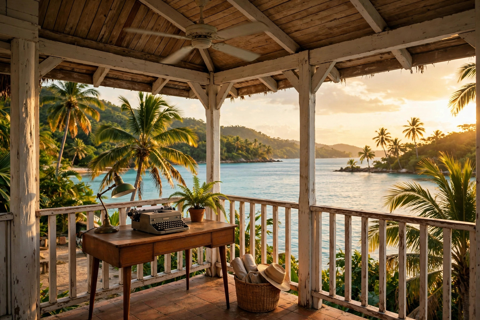 Goldeneye Jamaica — the estate where Ian Fleming wrote all 14 original James Bond books in order, vintage typewriter on a Caribbean veranda