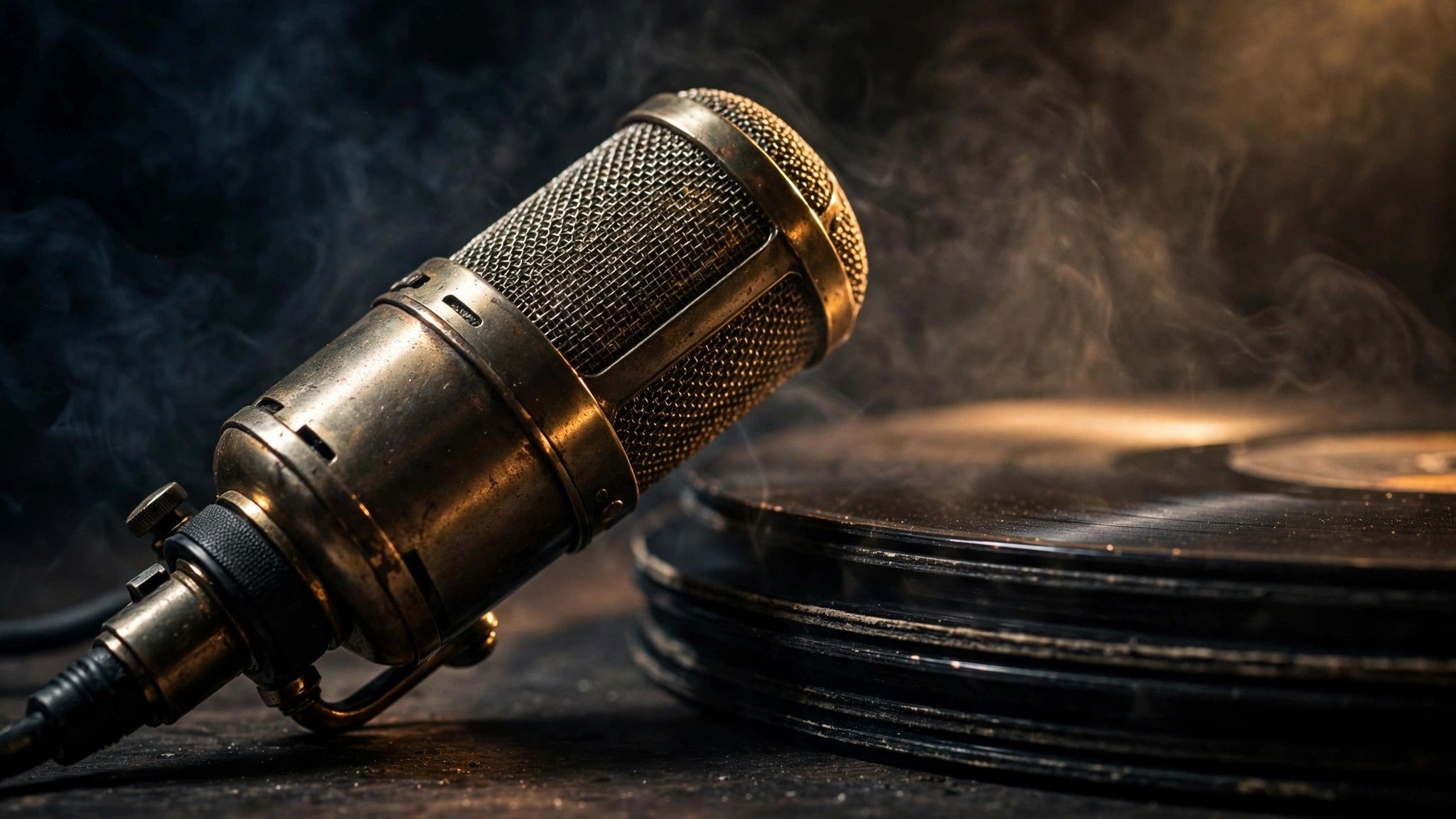 vintage microphone and vinyl records — history of james bond theme songs ranked