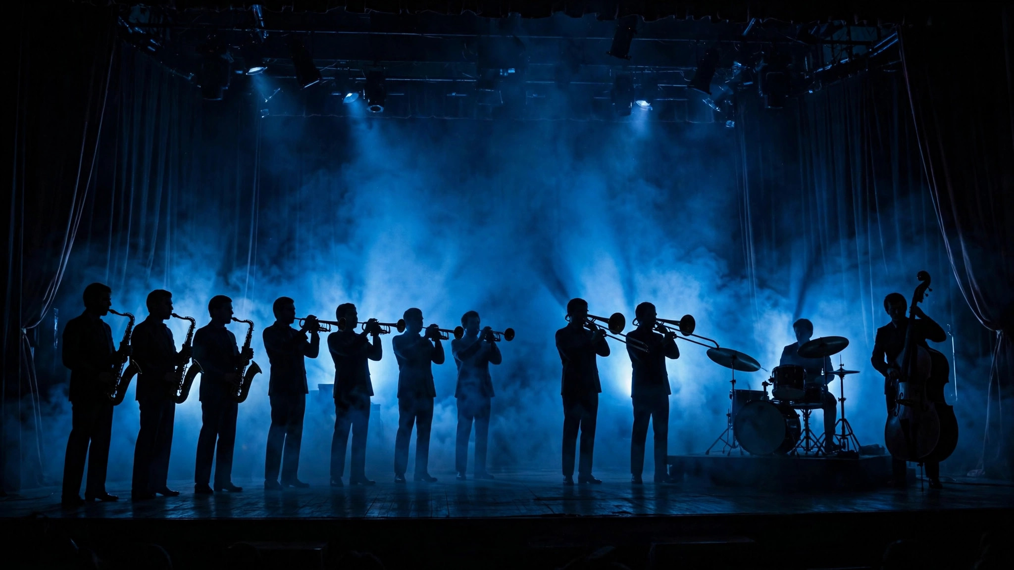 silhouette of jazz orchestra on dark stage — classic james bond theme songs ranked