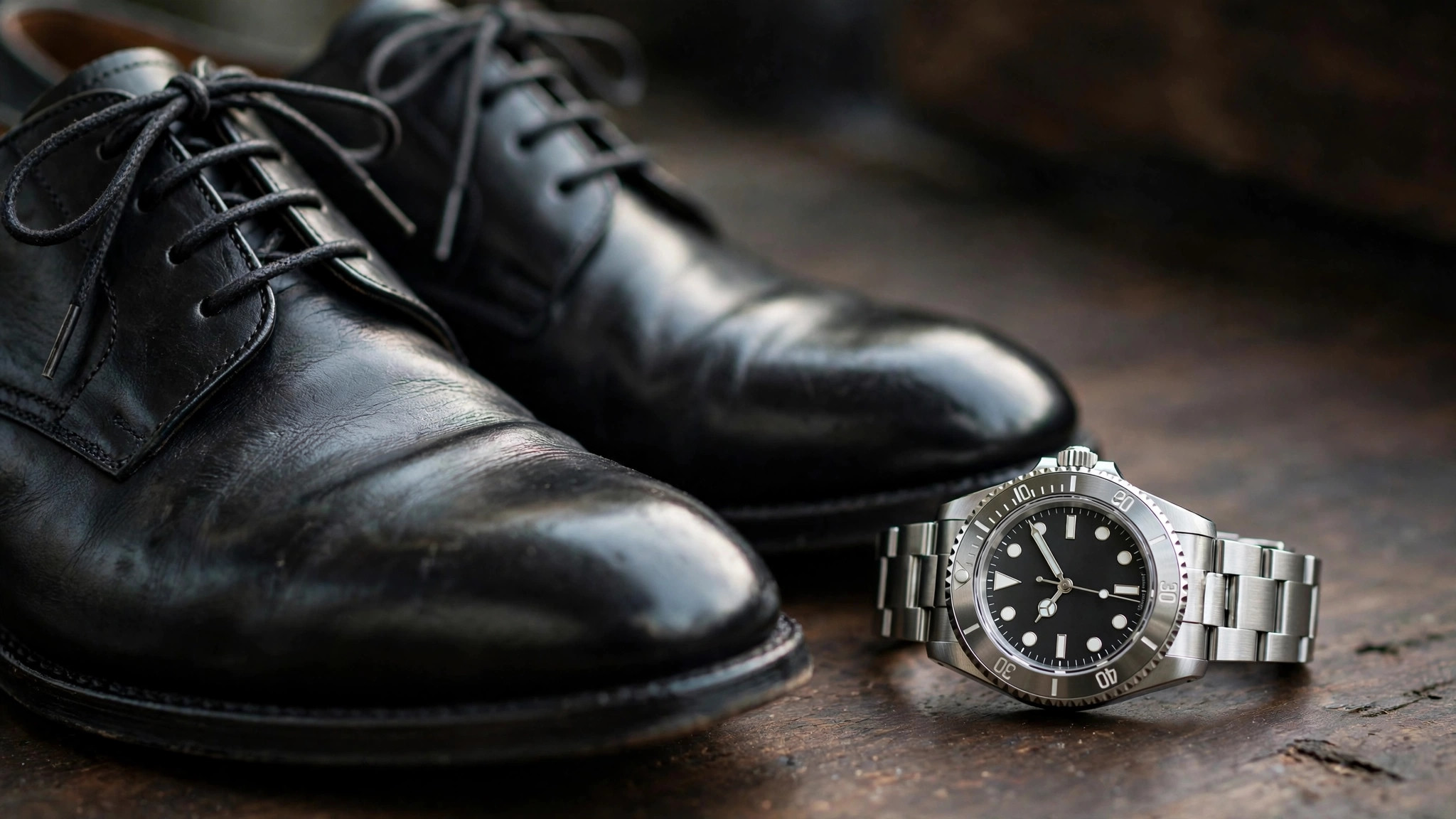James Bond style accessories — polished oxford shoes and a steel dive watch