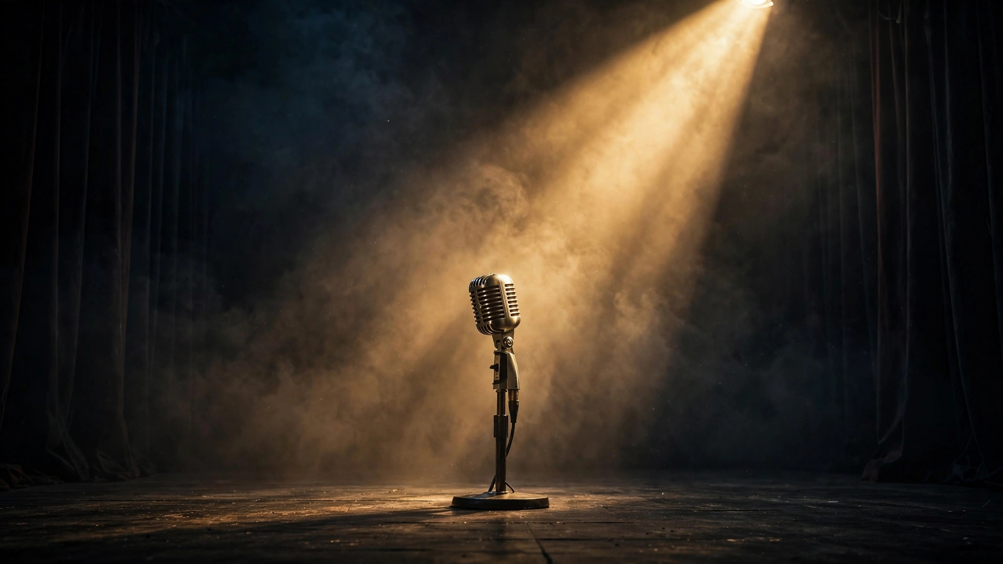 spotlight on vintage microphone on dark stage — best james bond theme songs ranked