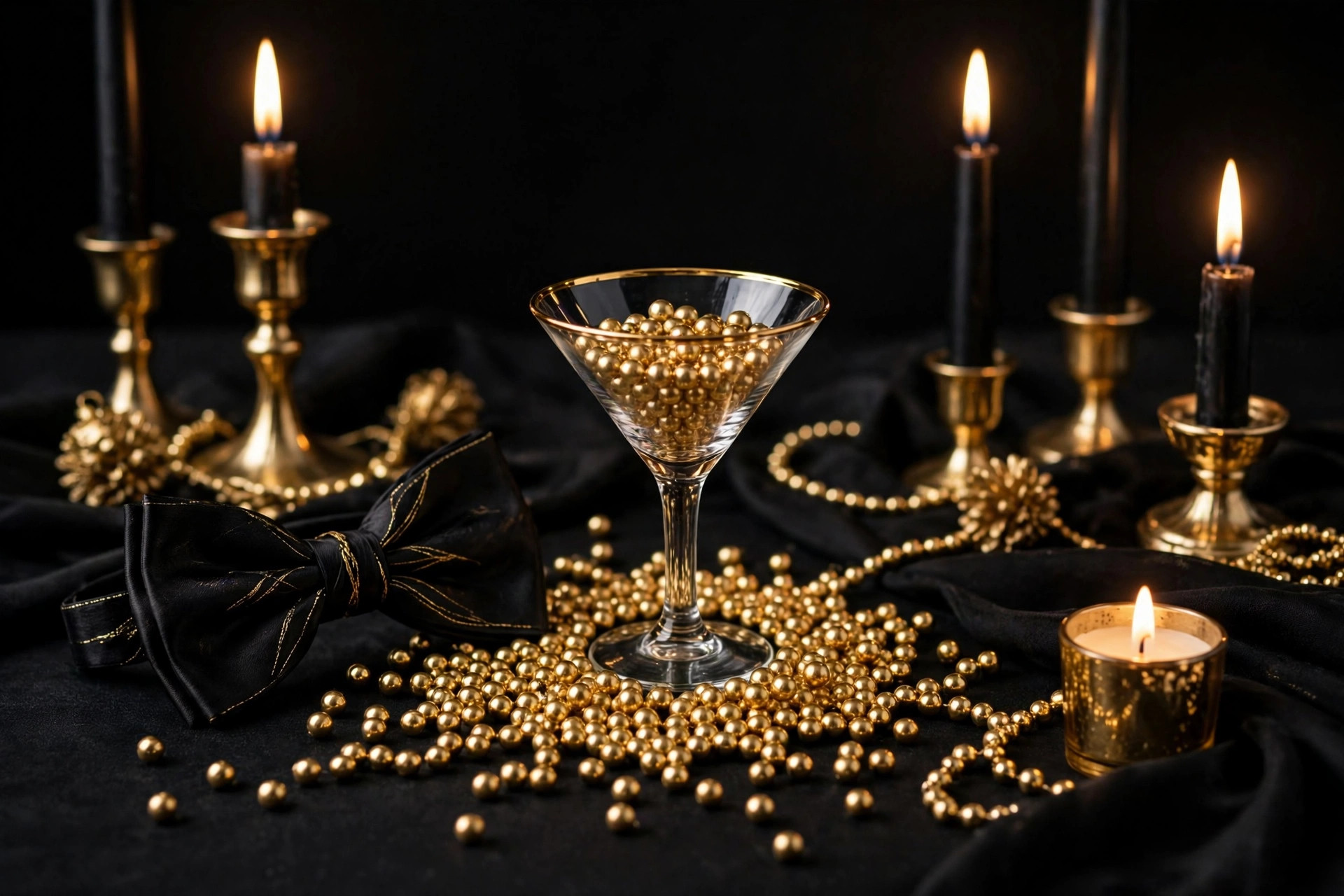 James Bond theme party ideas decor with black and gold table decorations candles and a bow tie