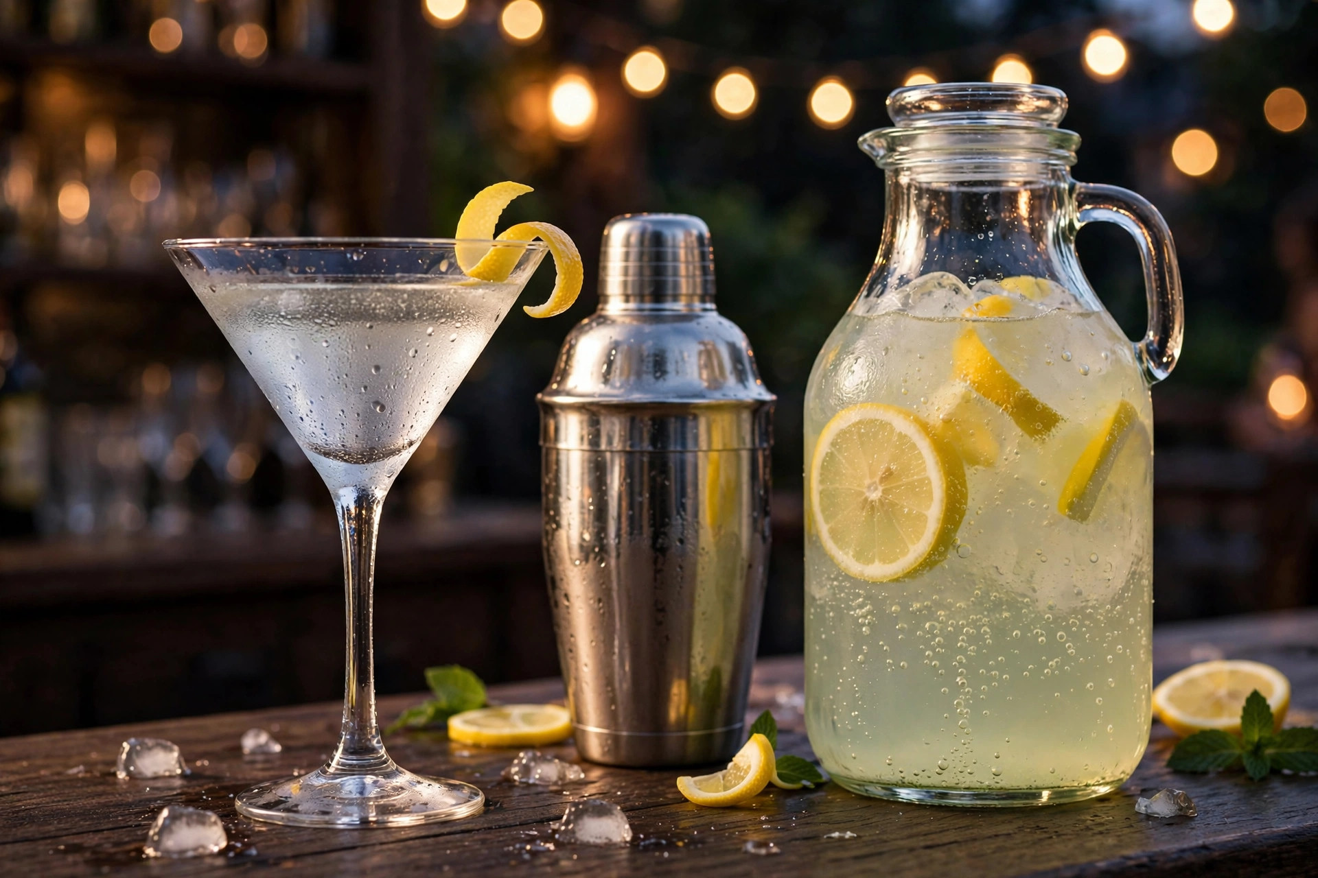 James Bond theme party ideas drinks with a chilled martini glass lemon twist and cocktail shaker