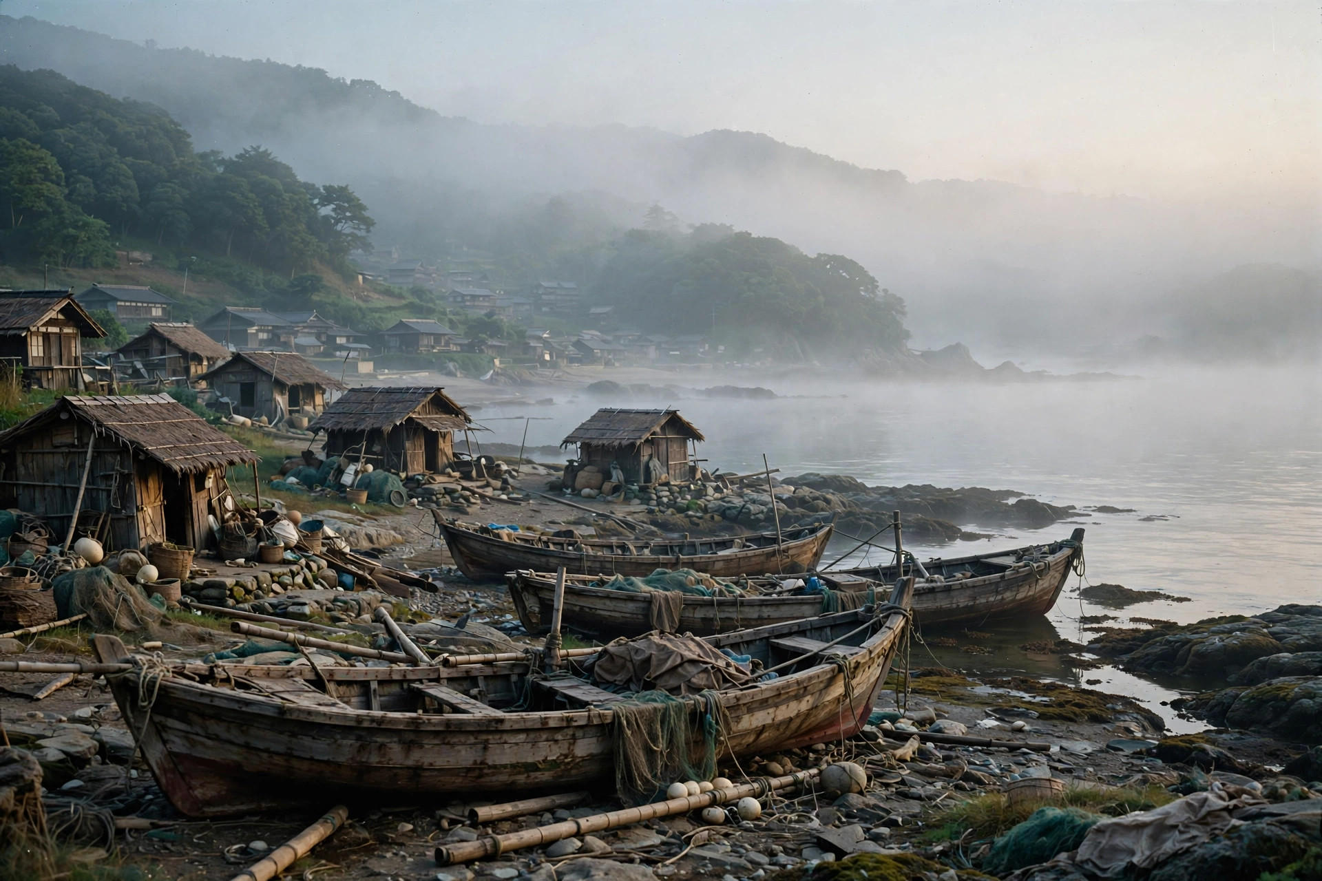 1960s Japanese fishing village at dawn evoking Kissy Suzuki's home in Ian Fleming's You Only Live Twice where Bond's son James Suzuki was conceived