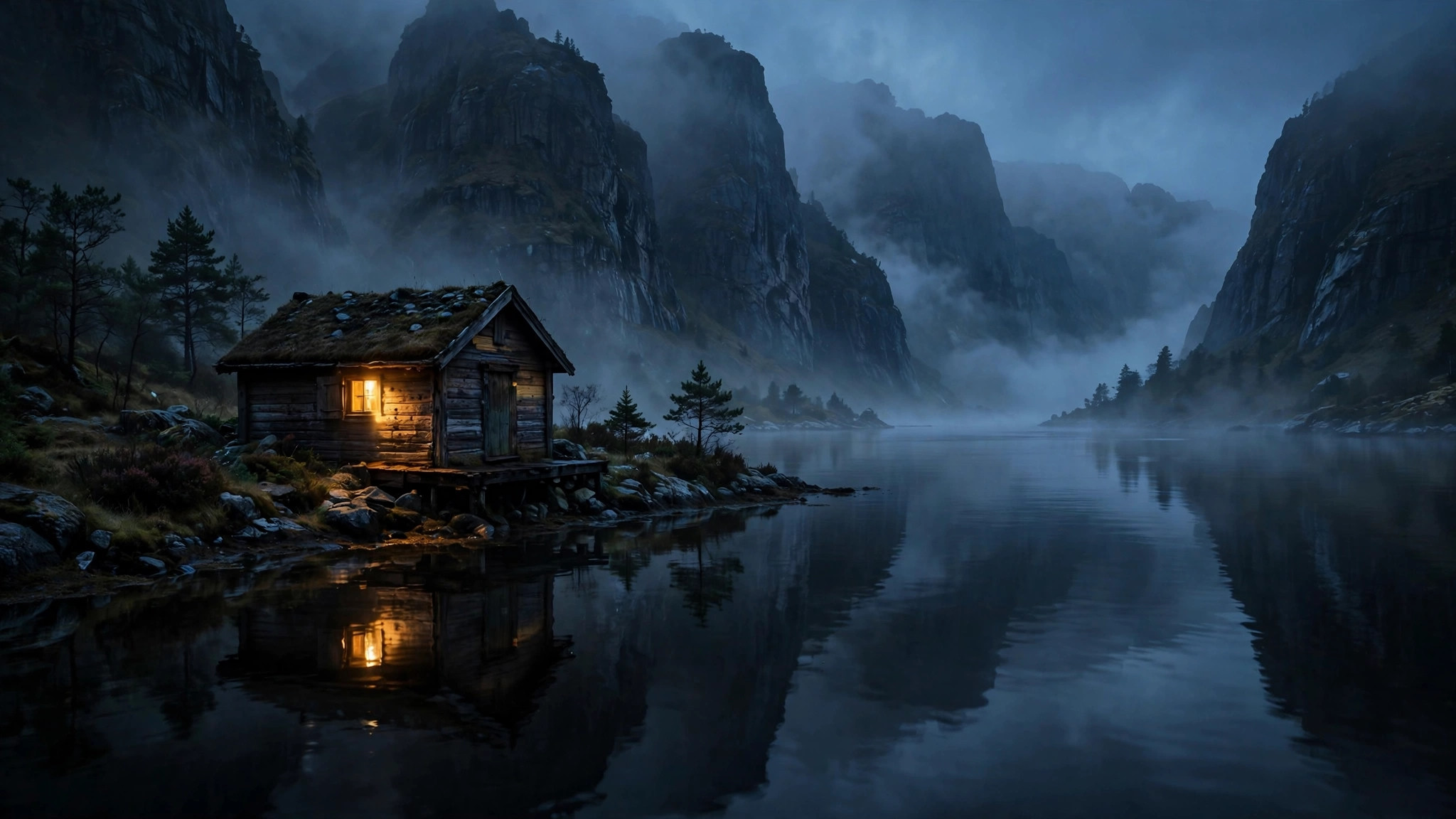 Misty Norwegian fjord cottage at dusk like Madeleine Swann's childhood home where Bond meets his daughter Mathilde in No Time to Die