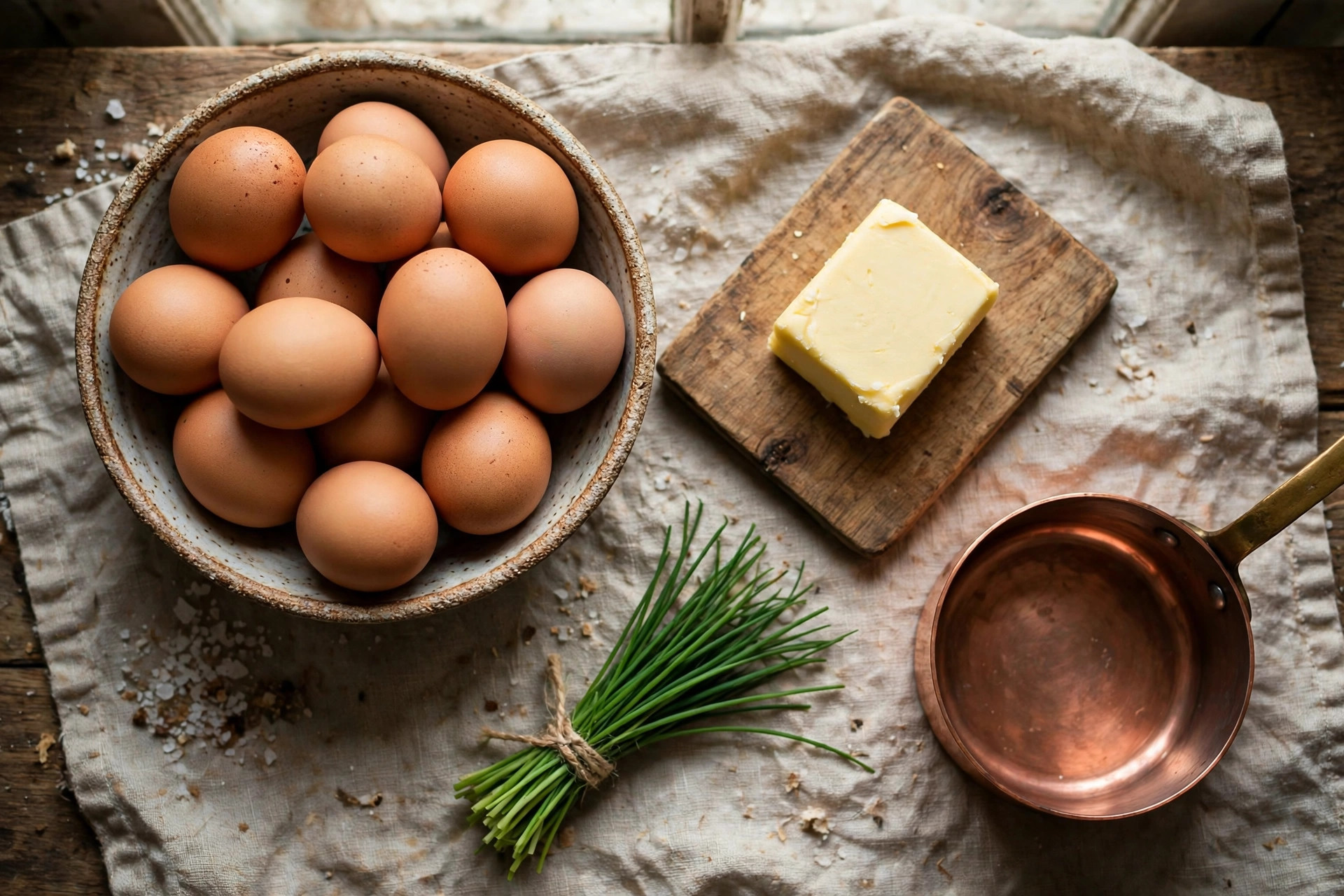 James Bond scrambled eggs recipe ingredients - eggs butter chives copper pan