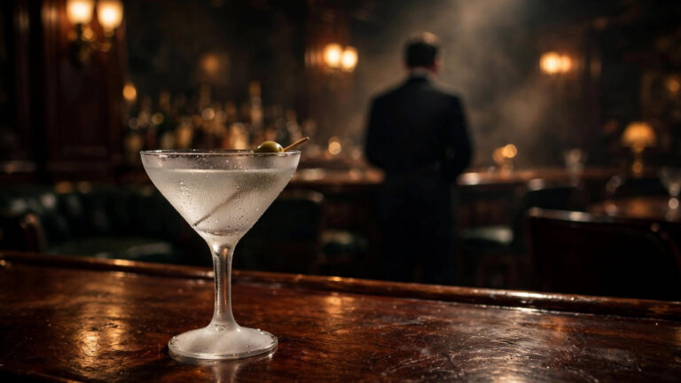 why does james bond say shaken not stirred — frosted martini coupe on a 1950s casino bar