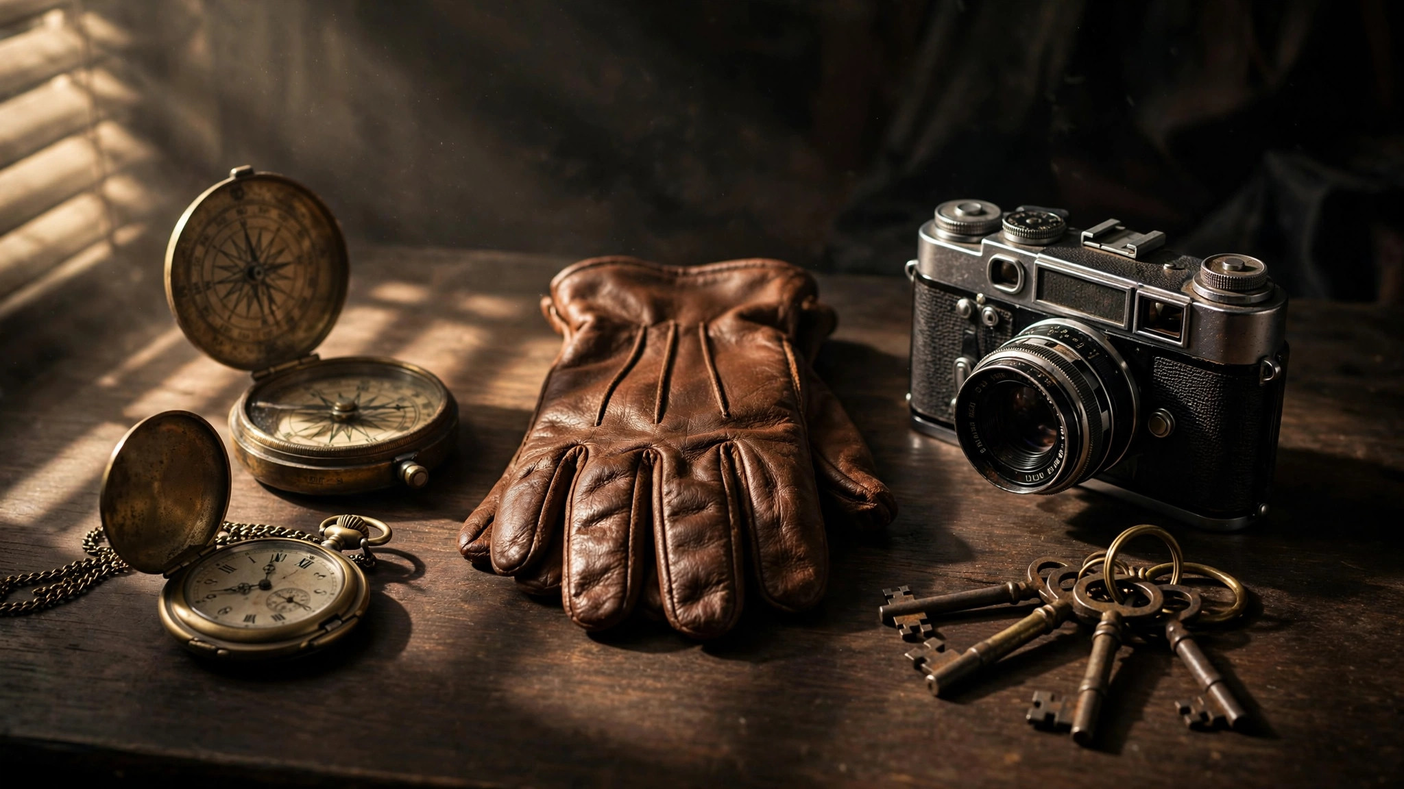 Vintage spy gadgets on a wooden desk — James Bond trivia questions and answers gadgets round